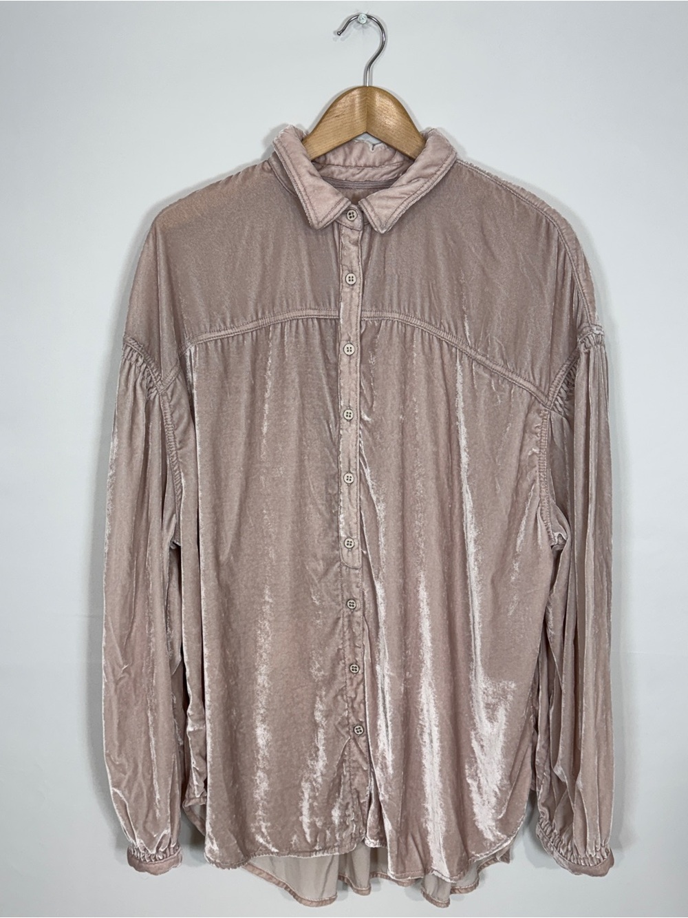 WSH33 {We The Free} Pink Velvet Velour Oversized Baggy Button Down Shirt Blouse